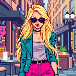 A pixelated version of a glamorous young woman inspired by Serena van der Woodsen from Gossip Girl