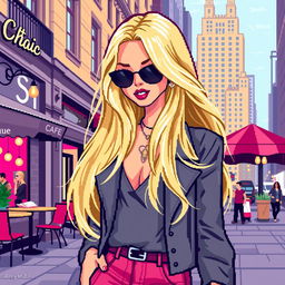 A pixelated version of a glamorous young woman inspired by Serena van der Woodsen from Gossip Girl