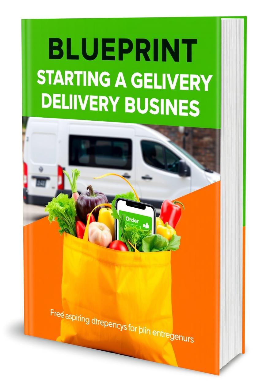 A modern and vibrant book cover for "Blueprint for Starting a Grocery Delivery Business