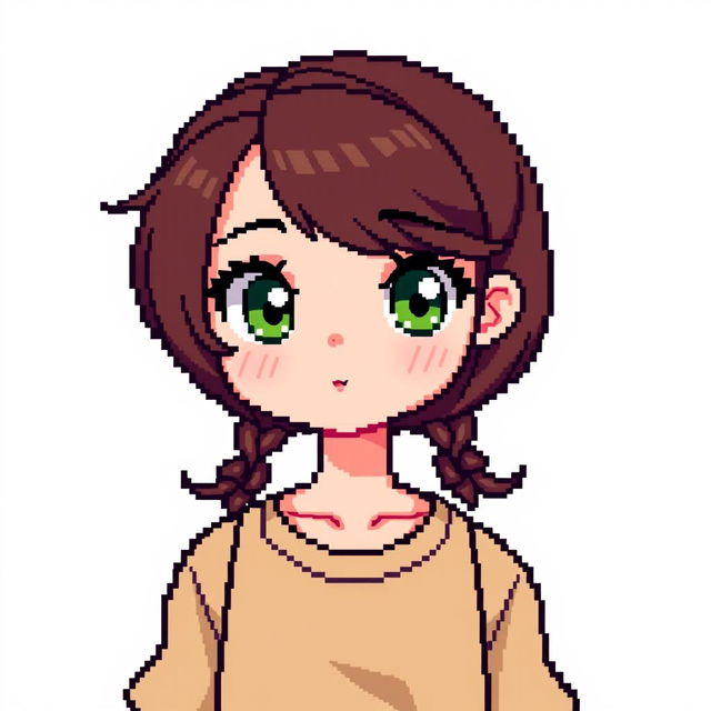 A girl with brown hair styled in a casual way, large expressive green eyes, wearing a simple stylish outfit