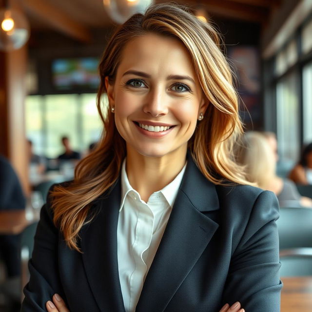 A full-length photograph of a woman aged between 30 to 45 years with a natural appearance, showcasing minimal makeup and well-groomed hair