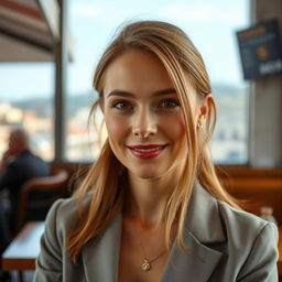 A full-length photograph of a woman aged between 30 to 45 years with a natural appearance, showcasing minimal makeup and well-groomed hair