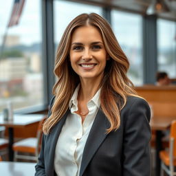 A full-length photograph of a woman aged between 30 to 45 years with a natural appearance, showcasing minimal makeup and well-groomed hair