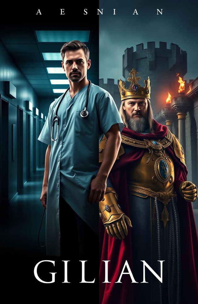 An epic cover featuring two contrasting characters: on the left side, a realistic doctor wearing scrubs and a white coat, with a stethoscope around his neck