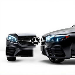 A sleek, black Mercedes CLE captured from the front and the right side simultaneously, showcasing its elegant lines and modern design against a completely white background