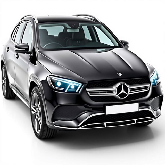 A sleek, black Mercedes CLE captured from the front and the right side simultaneously, showcasing its elegant lines and modern design against a completely white background