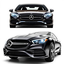 A sleek, black Mercedes CLE captured from the front and the right side simultaneously, showcasing its elegant lines and modern design against a completely white background