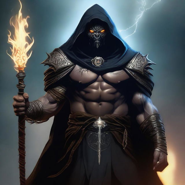 A high-quality digital art piece of a hooded Goliath warlock, showcasing his imposing stature, tribal tattoos, and glowing eyes