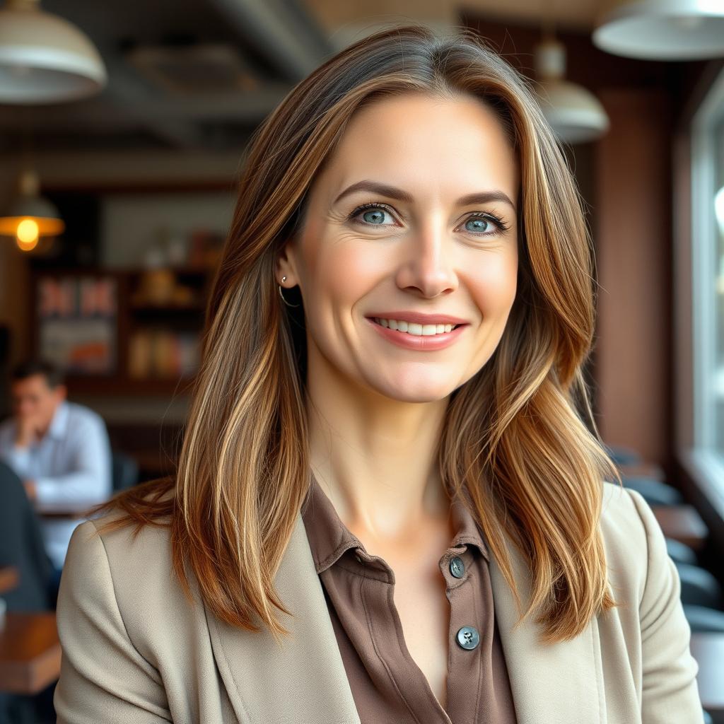 A full-length photograph of a woman aged between 30 to 45 years with a natural appearance, showing minimal makeup and well-groomed hair