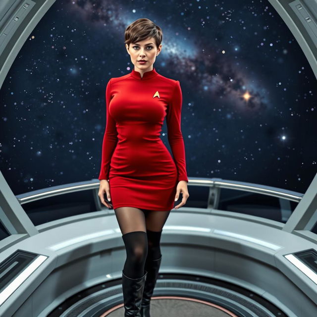 A busty woman with large breasts wearing a red Star Trek uniform minidress, complemented by black tights and black boots