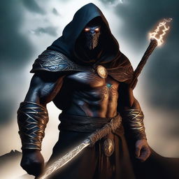 A high-quality digital art piece of a hooded Goliath warlock, showcasing his imposing stature, tribal tattoos, and glowing eyes