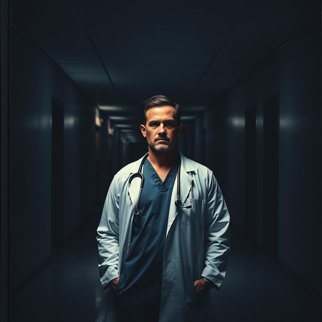 A striking cover featuring a realistic doctor standing alone in a dark, ominous hospital setting