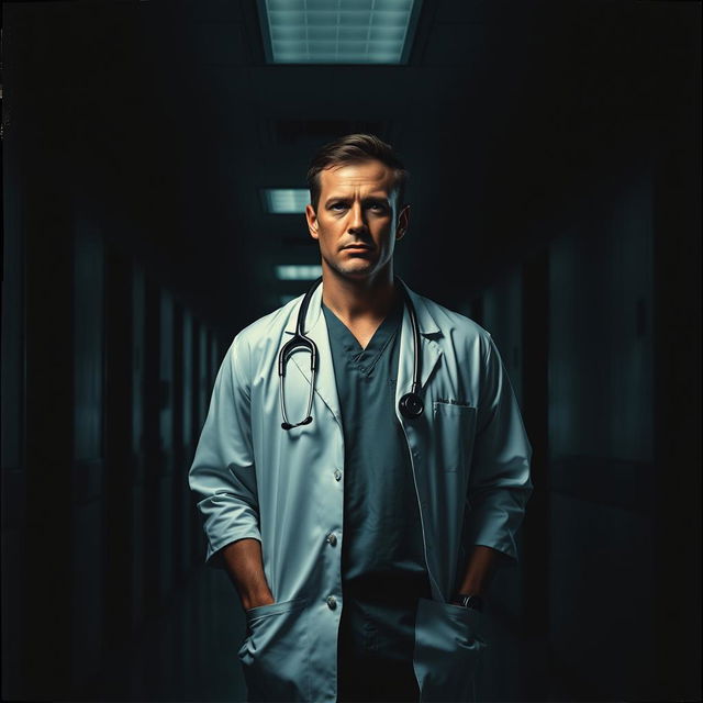 A striking cover featuring a realistic doctor standing alone in a dark, ominous hospital setting