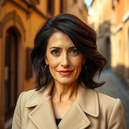 A 40-year-old Italian woman with thick dark hair and slightly tanned skin, featuring bright eyes