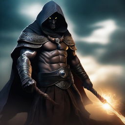 A high-quality digital art piece of a hooded Goliath warlock, showcasing his imposing stature, tribal tattoos, and glowing eyes