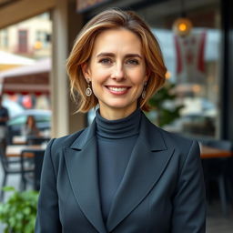 A full-length photograph of a woman aged between 30 to 45 years with a natural appearance, showcasing minimal makeup and well-groomed hair