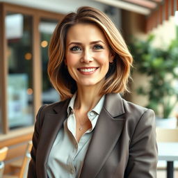 A full-length photograph of a woman aged between 30 to 45 years with a natural appearance, showcasing minimal makeup and well-groomed hair