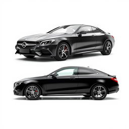 A luxurious black Mercedes CLE showcased from the front and side simultaneously, presenting a stunning view of its sophisticated design and sleek lines against a pure white background