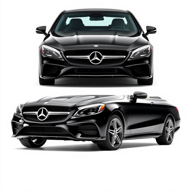 A luxurious black Mercedes CLE showcased from the front and side simultaneously, presenting a stunning view of its sophisticated design and sleek lines against a pure white background