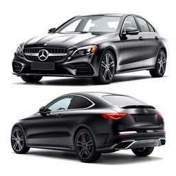 A luxurious black Mercedes CLE showcased from the front and side simultaneously, presenting a stunning view of its sophisticated design and sleek lines against a pure white background