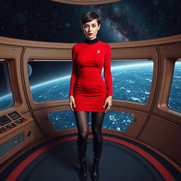 A slim woman with large breasts wearing a tight-fitting red Star Trek uniform minidress, complemented by black tights and stylish black boots