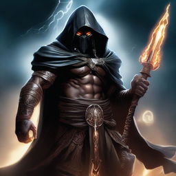 A high-quality digital art piece of a hooded Goliath warlock, showcasing his imposing stature, tribal tattoos, and glowing eyes