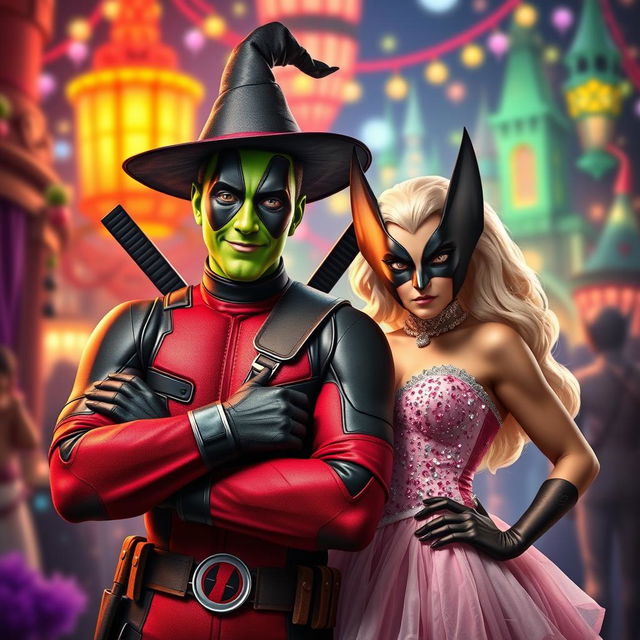 A whimsical scene featuring Deadpool dressed as Elphaba from Wicked, with green skin, a black witch's outfit, and a pointed hat