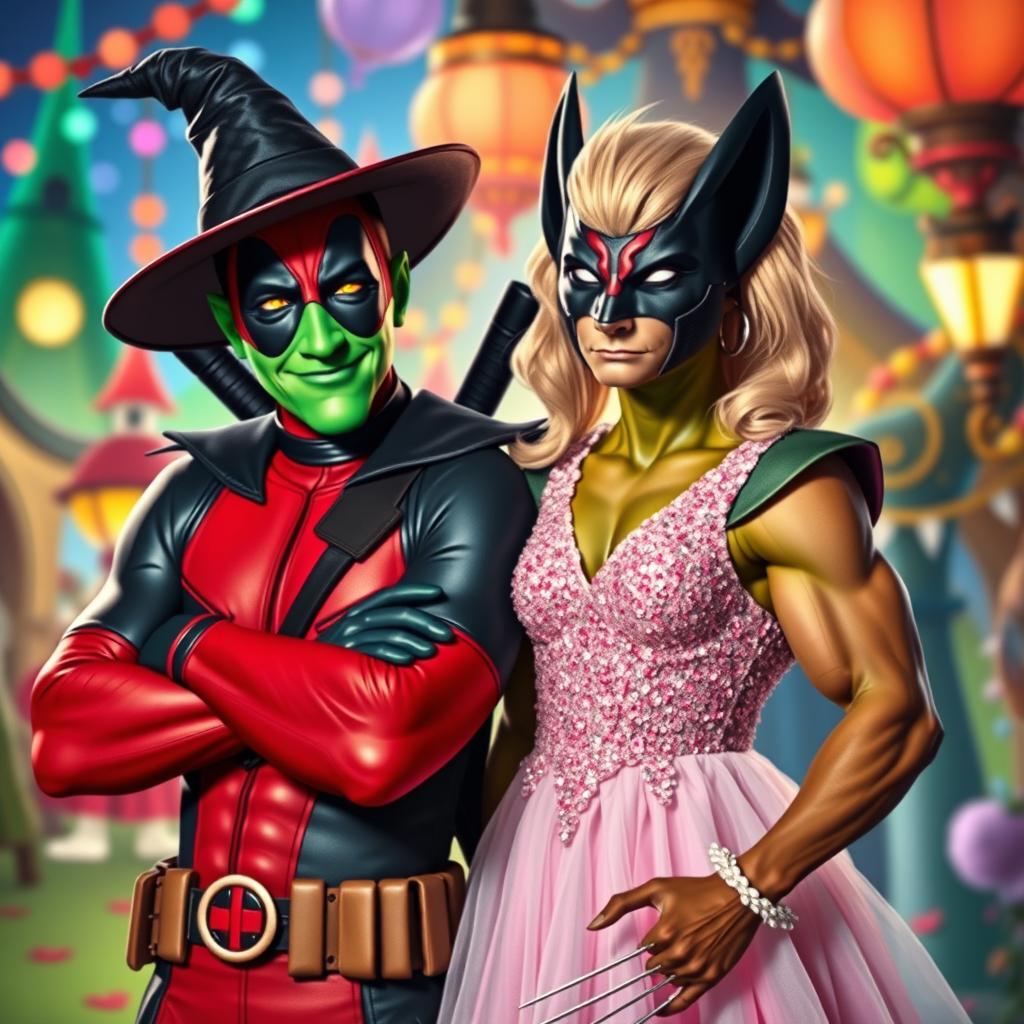 A whimsical scene featuring Deadpool dressed as Elphaba from Wicked, with green skin, a black witch's outfit, and a pointed hat