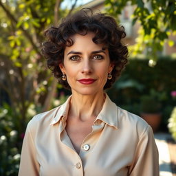 A 45-year-old Italian woman with short curly hair and expressive eyes, dressed in a light blouse and classic trousers