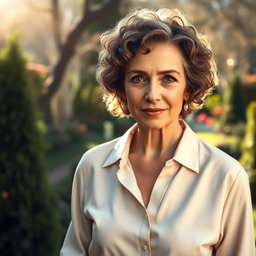 A 45-year-old Italian woman with short curly hair and expressive eyes, dressed in a light blouse and classic trousers