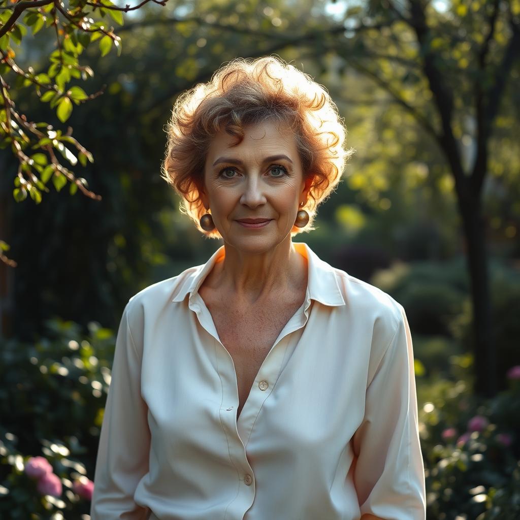 A 45-year-old Italian woman with short curly hair and expressive eyes, dressed in a light blouse and classic trousers