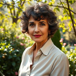 A 45-year-old Italian woman with short curly hair and expressive eyes, dressed in a light blouse and classic trousers