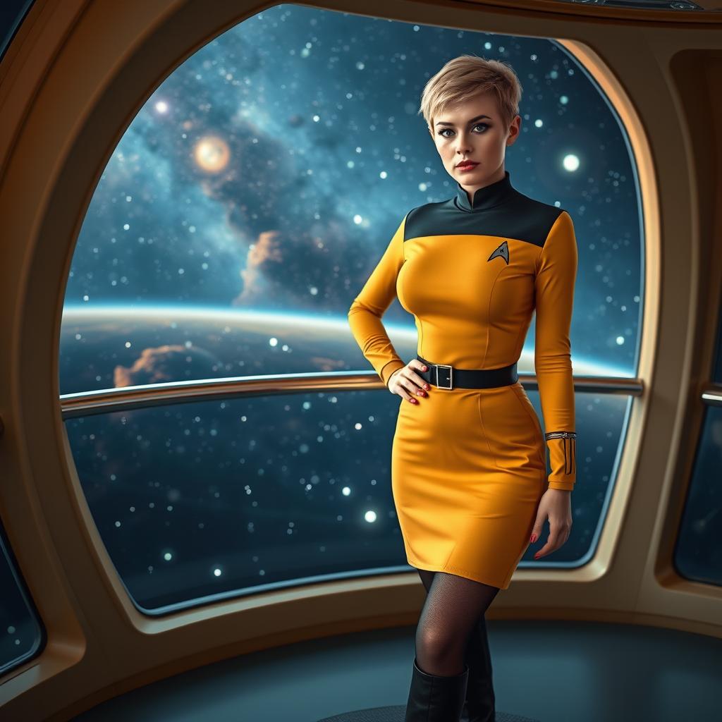 A slim woman with large breasts wearing a mustard-colored Star Trek uniform minidress, paired with black tights and black boots