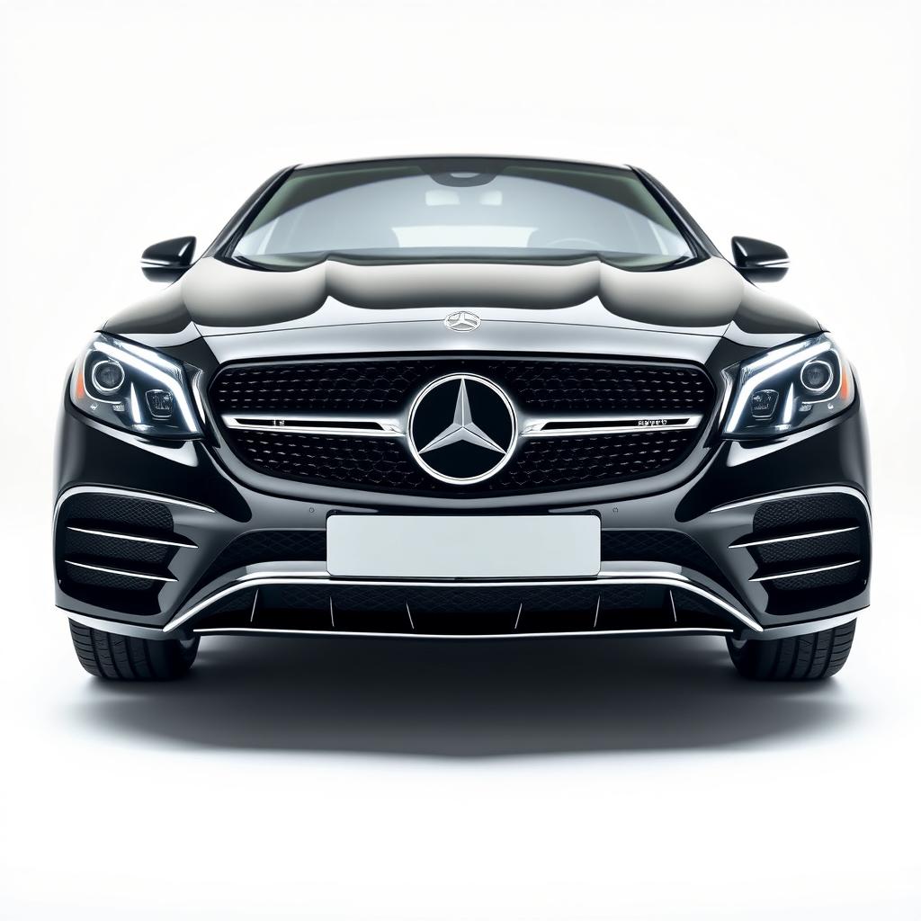 A striking black Mercedes CLE showcased from the front perspective, highlighting its luxurious grille, iconic Mercedes logo, and elegant headlights against a completely white background