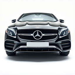 A striking black Mercedes CLE showcased from the front perspective, highlighting its luxurious grille, iconic Mercedes logo, and elegant headlights against a completely white background