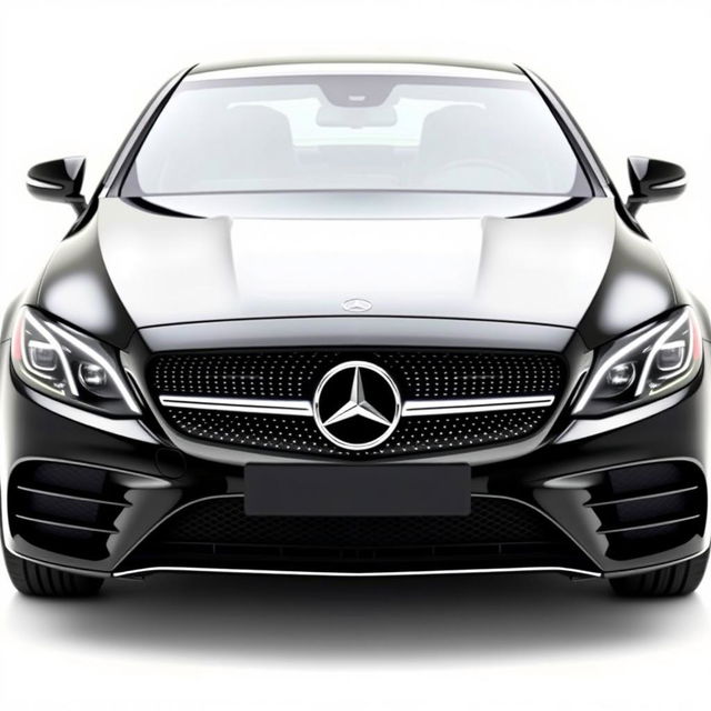 A striking black Mercedes CLE showcased from the front perspective, highlighting its luxurious grille, iconic Mercedes logo, and elegant headlights against a completely white background