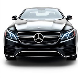 A striking black Mercedes CLE showcased from the front perspective, highlighting its luxurious grille, iconic Mercedes logo, and elegant headlights against a completely white background