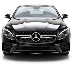 A striking black Mercedes CLE showcased from the front perspective, highlighting its luxurious grille, iconic Mercedes logo, and elegant headlights against a completely white background