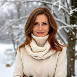 A 45-year-old Italian woman with chestnut hair, soft brown eyes, and a calm smile