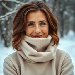 A 45-year-old Italian woman with chestnut hair, soft brown eyes, and a calm smile