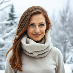 A 45-year-old Italian woman with chestnut hair, soft brown eyes, and a calm smile