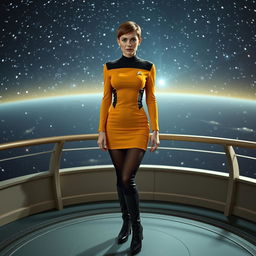 A slim woman with large breasts, wearing a vibrant mustard-colored Star Trek uniform styled as a short minidress, completes her look with form-fitting black tights and sleek black boots