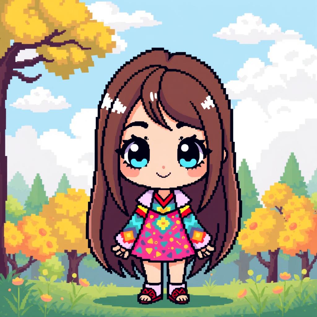 A stylish pixel art character featuring a girl with long brown hair, wearing a colorful outfit with vibrant patterns