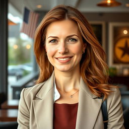 A full-length photograph of a woman aged between 30 to 45 years with a natural appearance, featuring minimal makeup and well-groomed hair