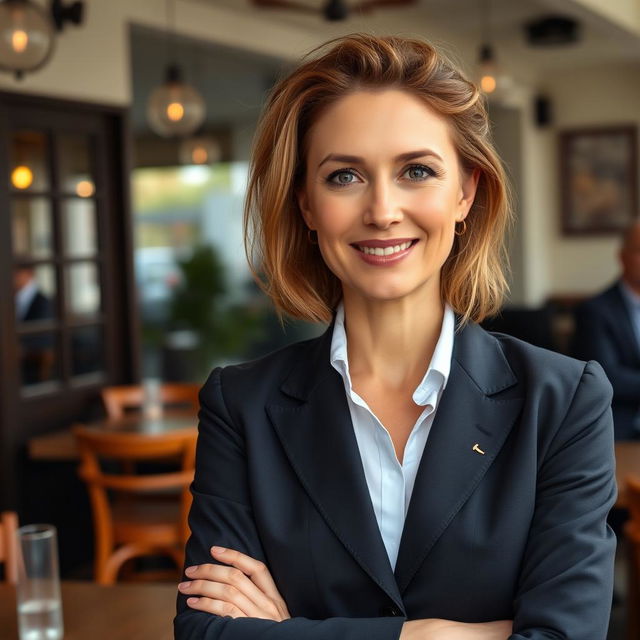 A full-length photograph of a woman aged between 30 to 45 years with a natural appearance, featuring minimal makeup and well-groomed hair