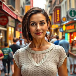 A 45-year-old dark-haired Italian woman with soft facial features and brown eyes, dressed in a light knitted dress and comfortable sandals