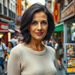 A 45-year-old dark-haired Italian woman with soft facial features and brown eyes, dressed in a light knitted dress and comfortable sandals