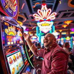 A man joyfully celebrating a jackpot win while playing a vibrant slot machine in a bustling Las Vegas casino