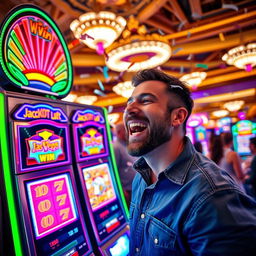 A man joyfully celebrating a jackpot win while playing a vibrant slot machine in a bustling Las Vegas casino
