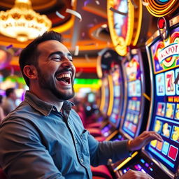 A man joyfully celebrating a jackpot win while playing a vibrant slot machine in a bustling Las Vegas casino